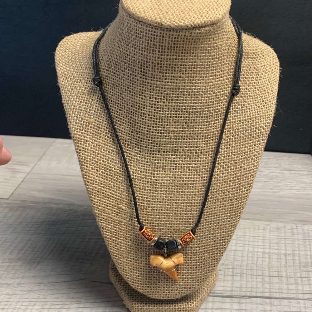 Shark Tooth Pendant Necklace Black Cord Adjustable Beaded Fossil Beach Boho 16in